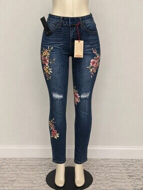 Angel Kiss Dark Blue Skinny Jeans with Floral Prints